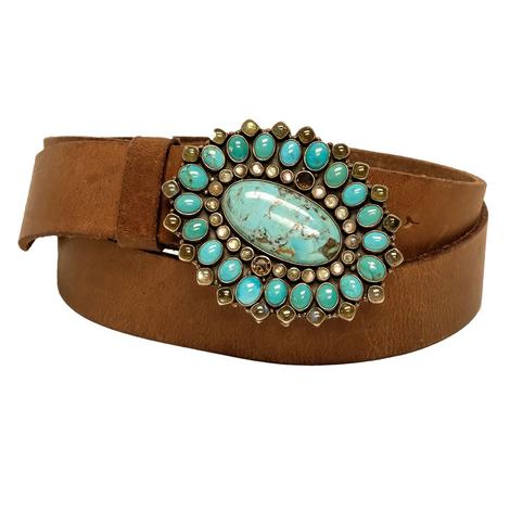 Genuine Turquoise Oval Tan Leather Women's Belt